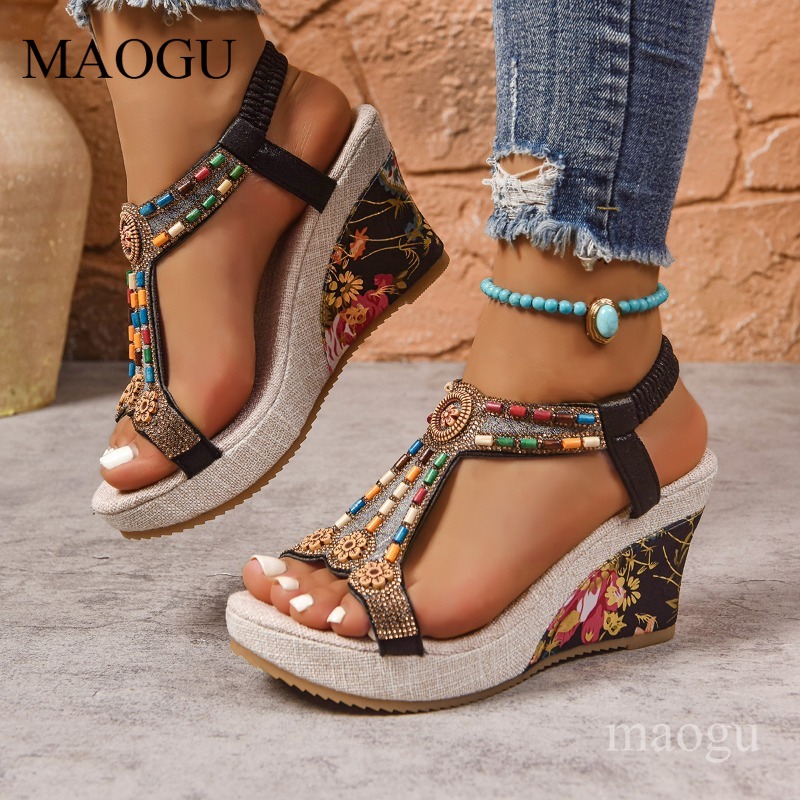 Boho Beaded Floral Wedge Sanda - Ethnic Modern Fashion ulasan dan harga