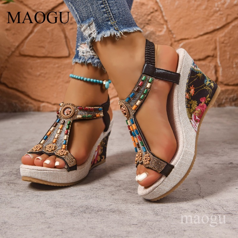 Boho Beaded Floral Wedge Sanda - Ethnic Modern Fashion ulasan dan harga