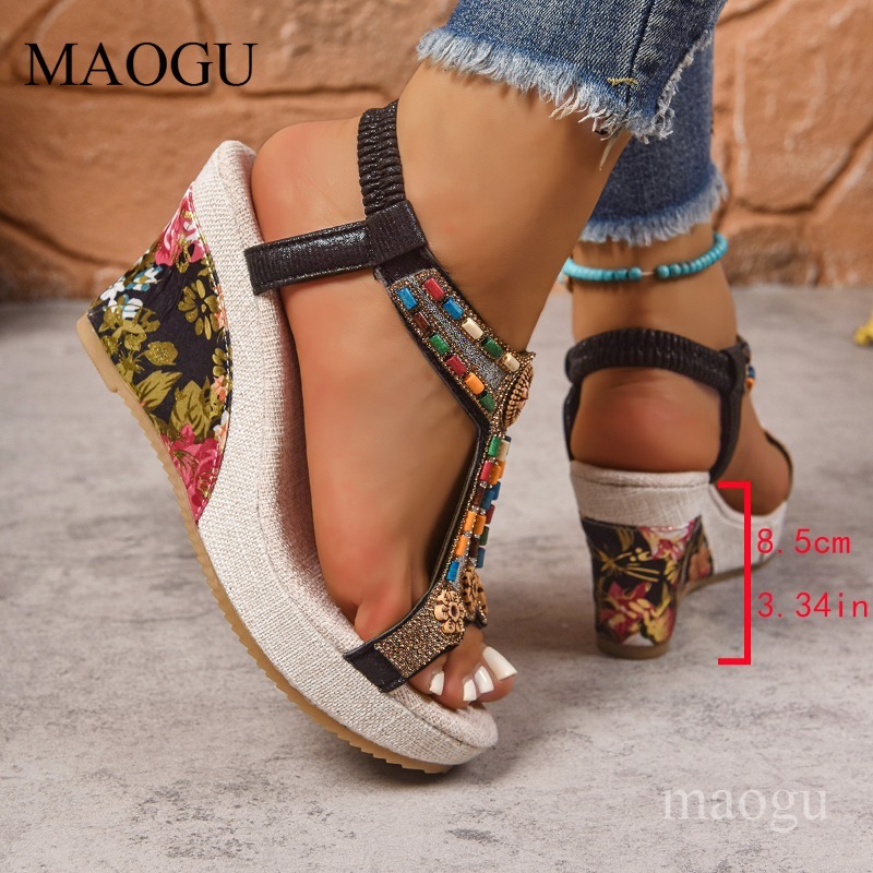 Boho Beaded Floral Wedge Sanda - Ethnic Modern Fashion ulasan dan harga