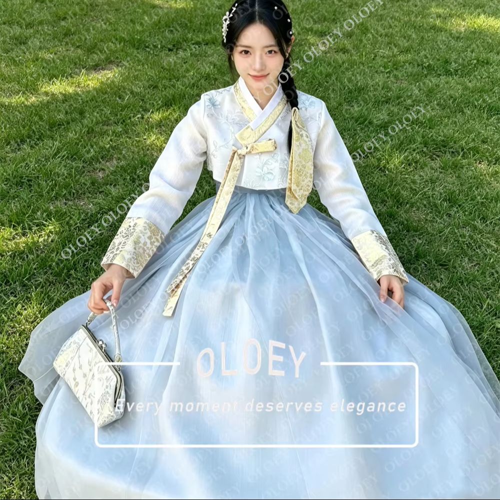 OLOEY Elegant Light Blue Ivory - Hanbok Modern Set ulasan dan harga
