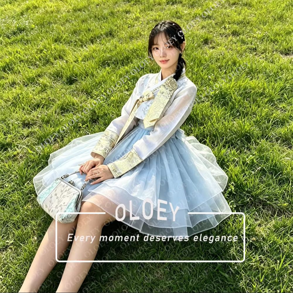OLOEY Elegant Light Blue Ivory - Hanbok Modern Set ulasan dan harga